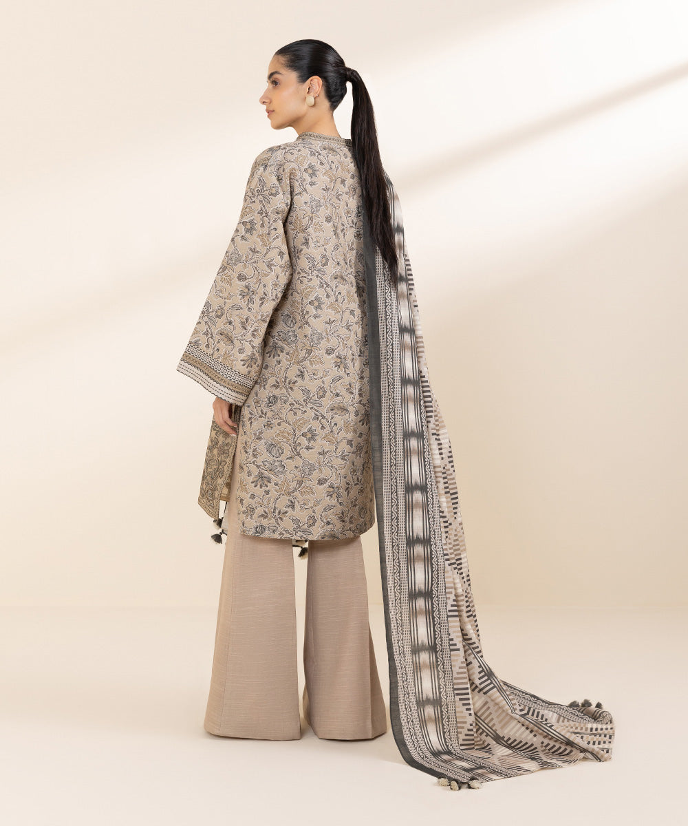 Women's Unstitched Khaddar Beige Embroidered 3 Piece Suit 