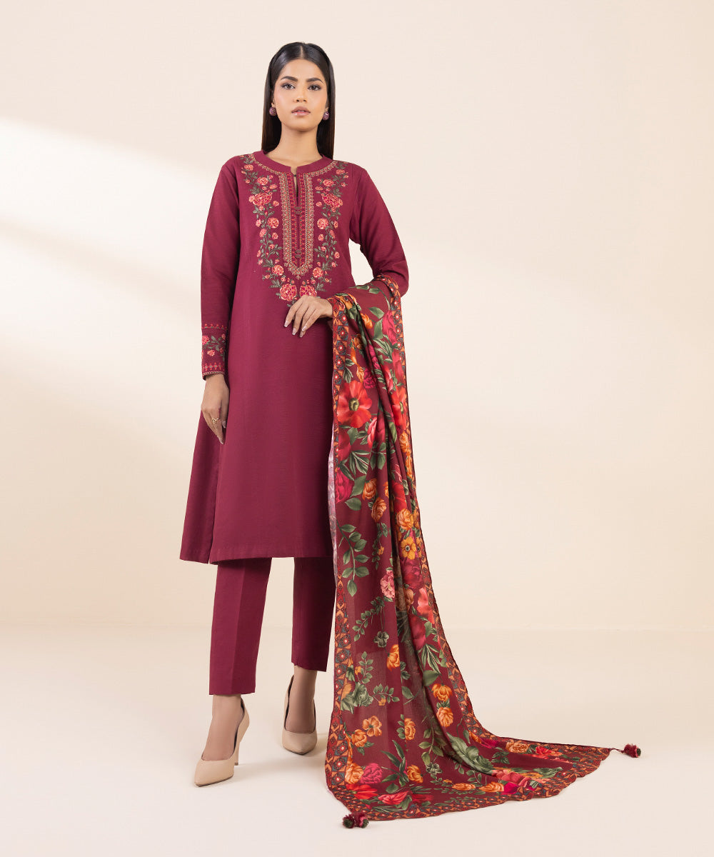 Women's Unstitched Khaddar Embroidered Pink 3 Piece Suit