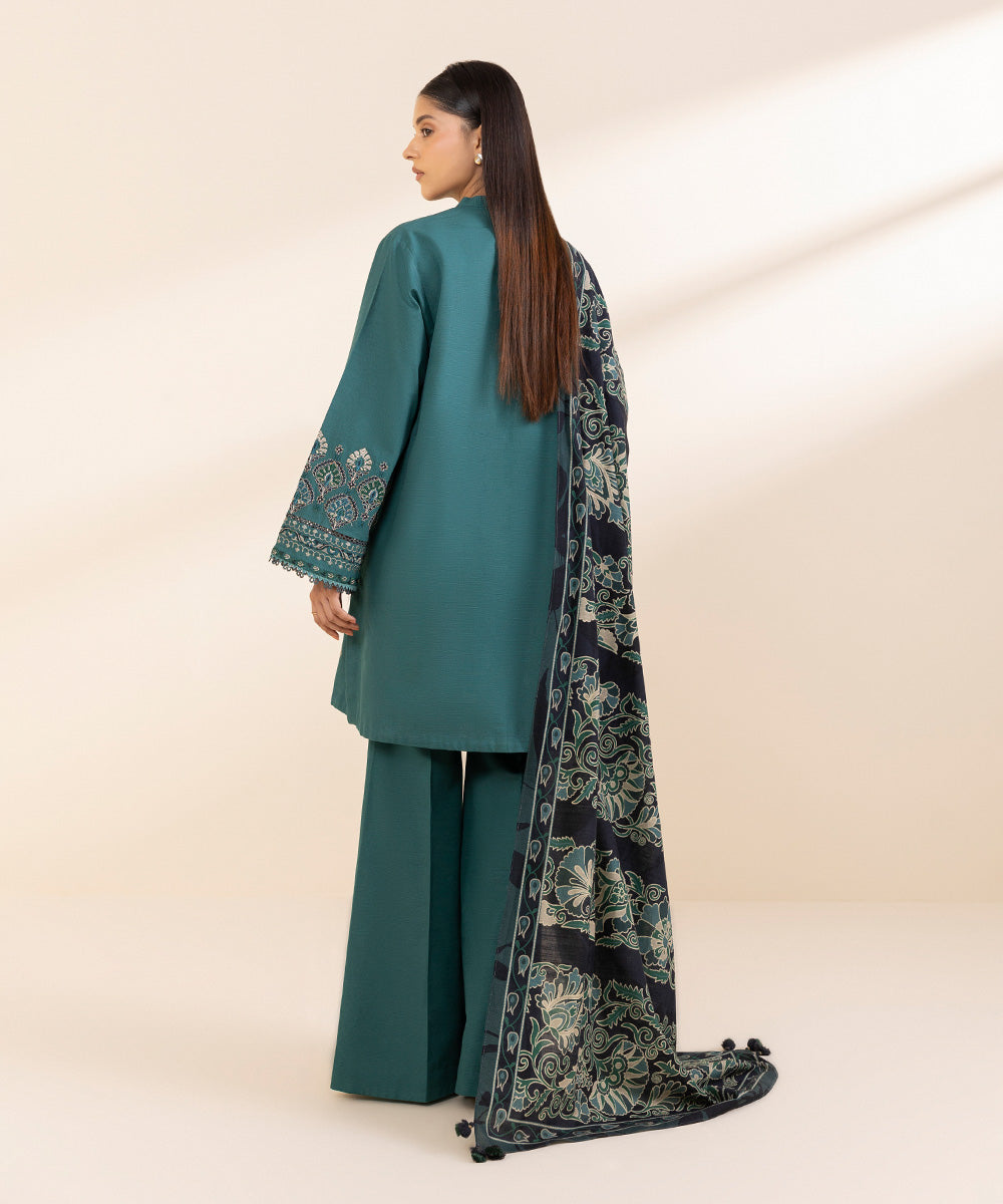 Women's Unstitched Khaddar Embroidered Green 3 Piece Suit