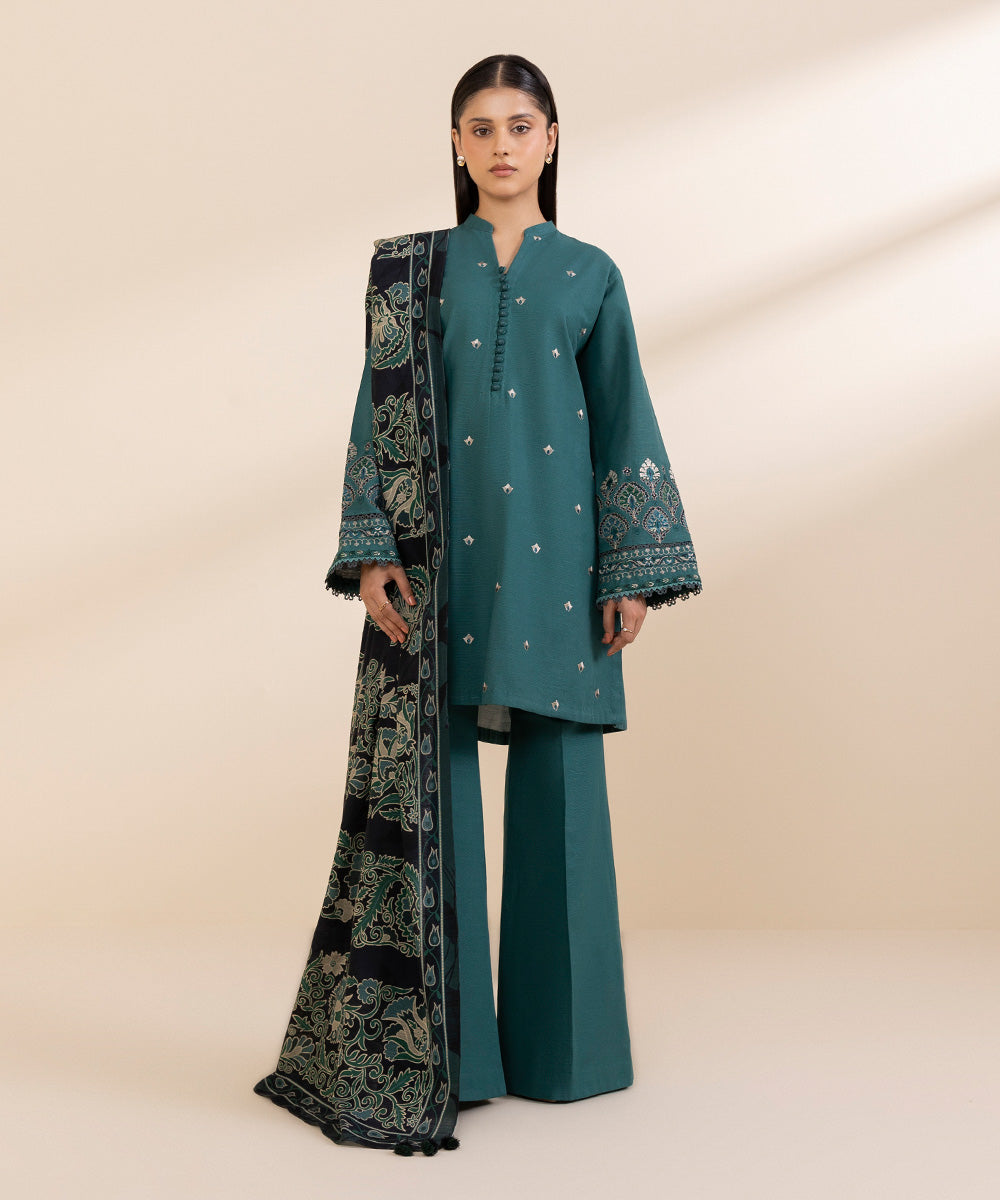 Women's Unstitched Khaddar Embroidered Green 3 Piece Suit