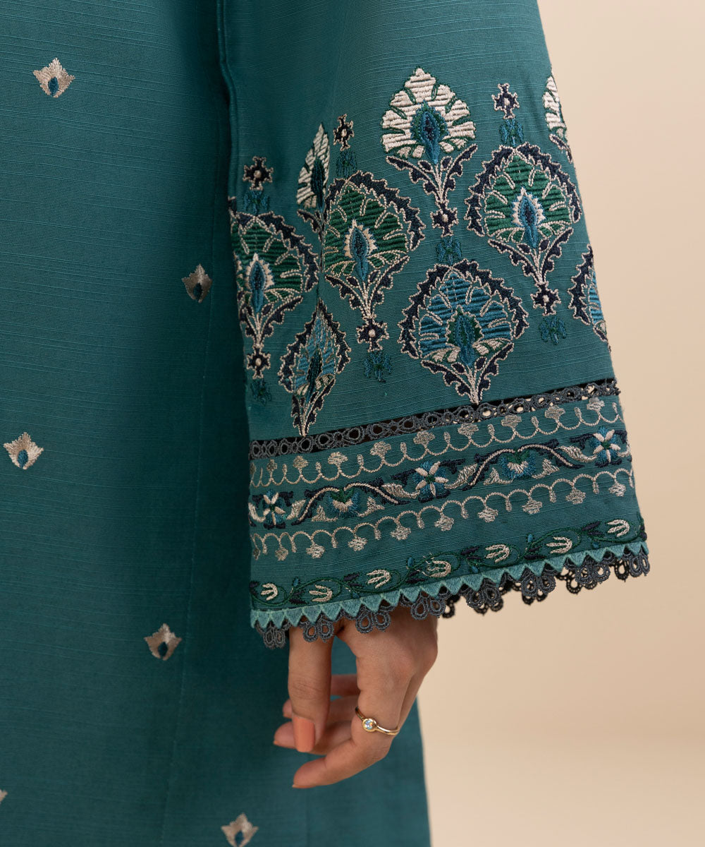 Women's Unstitched Khaddar Embroidered Green 3 Piece Suit