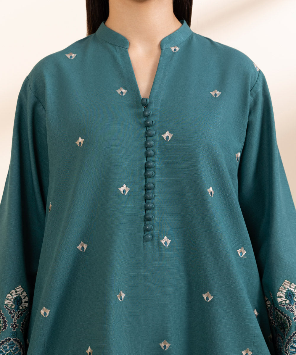 Women's Unstitched Khaddar Embroidered Green 3 Piece Suit