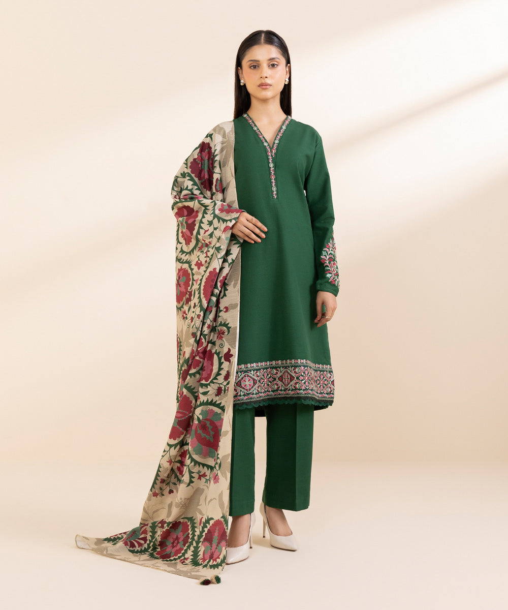 Women's Unstitched Khaddar Embroidered Green 3 Piece Suit