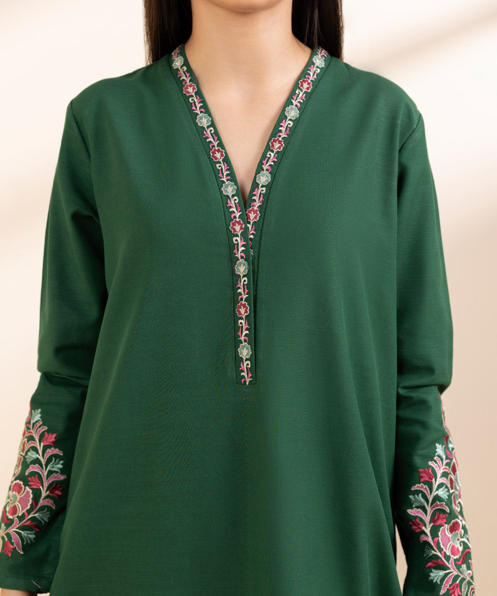 Women's Unstitched Khaddar Embroidered Green 3 Piece Suit