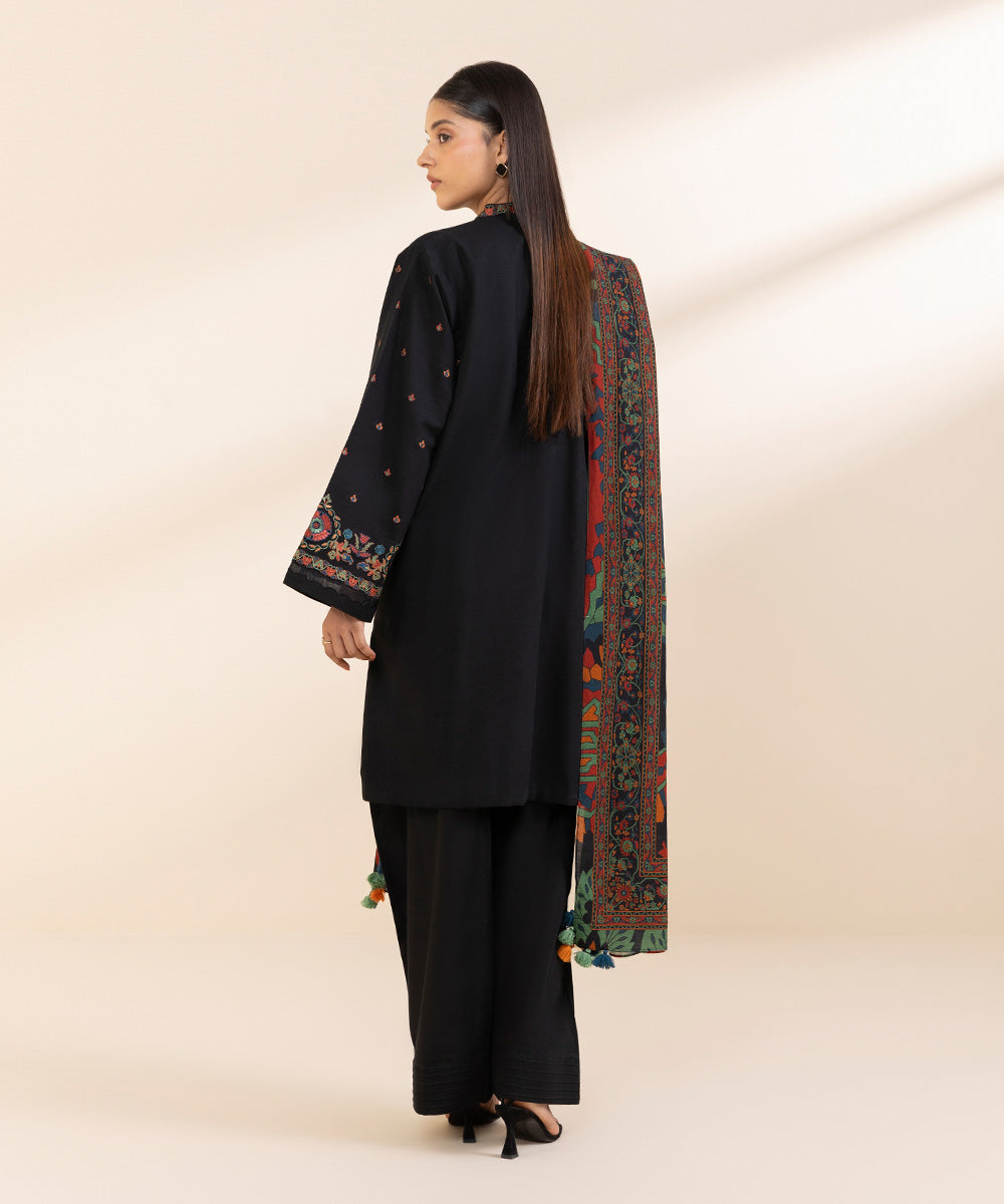 Women's Unstitched Khaddar Embroidered Black 3 Piece Suit