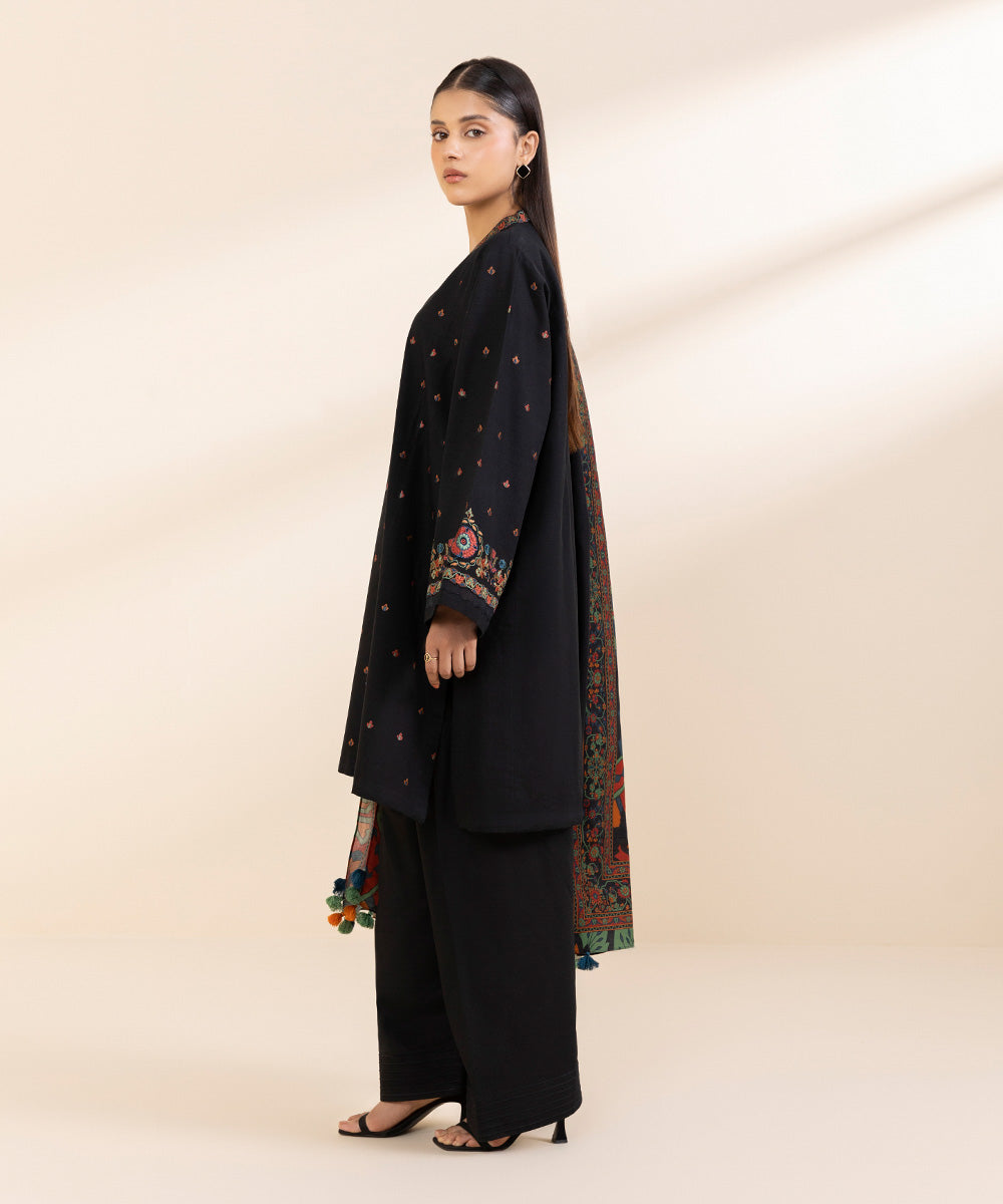 Women's Unstitched Khaddar Embroidered Black 3 Piece Suit