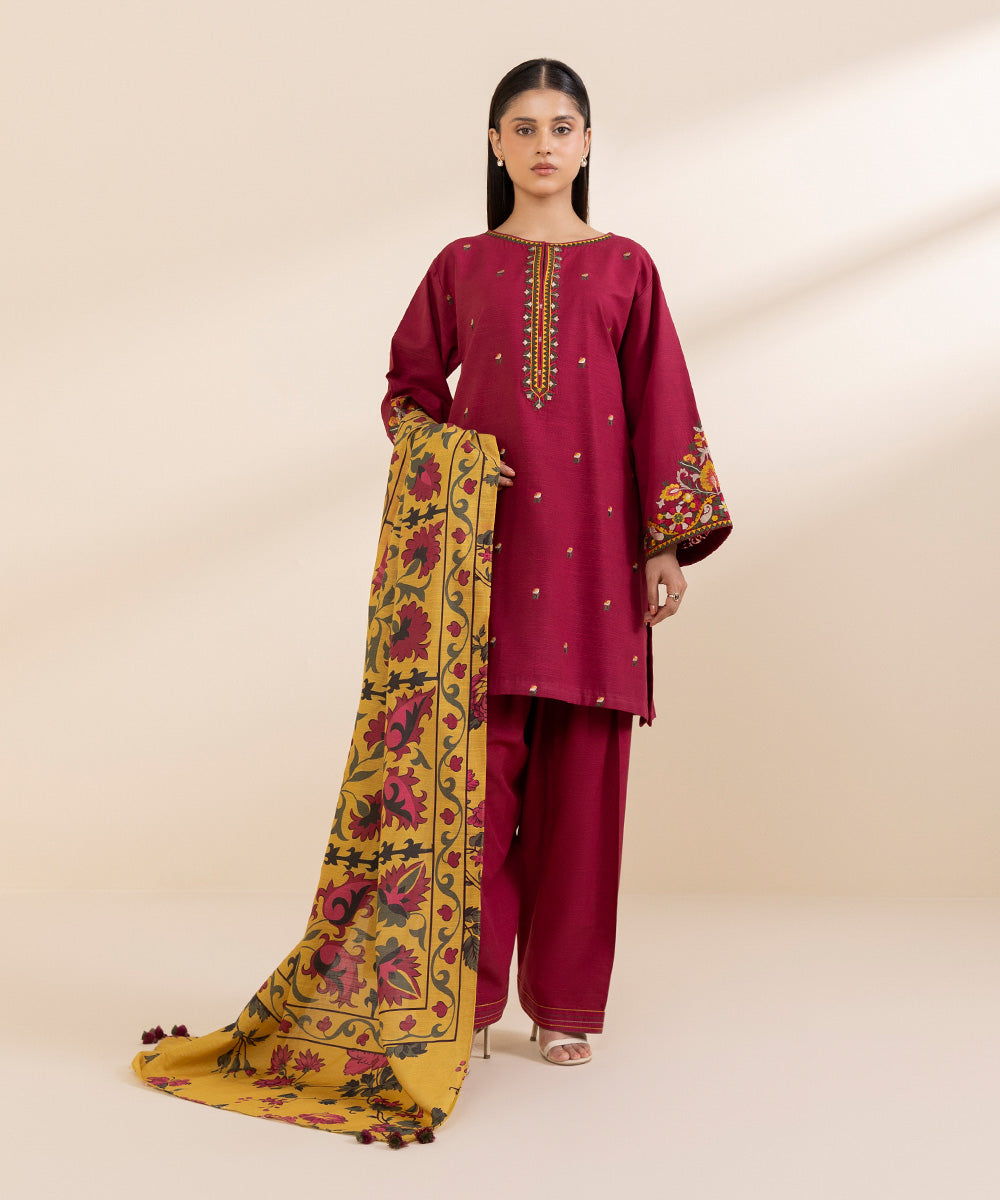 Women's Unstitched Khaddar Embroidered Pink 3 Piece Suit