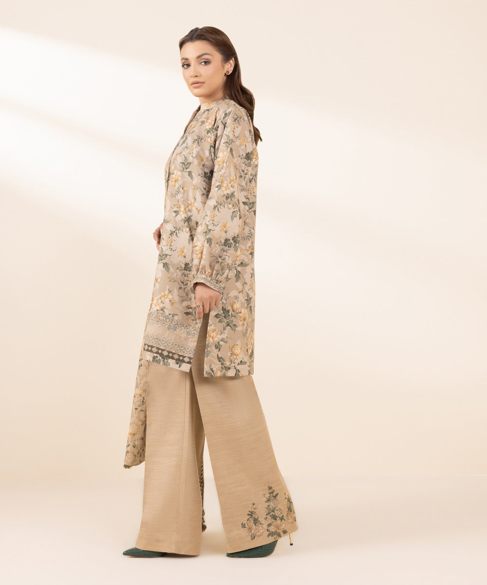 Women's Unstitched Khaddar Embroidered Beige 3 Piece Suit