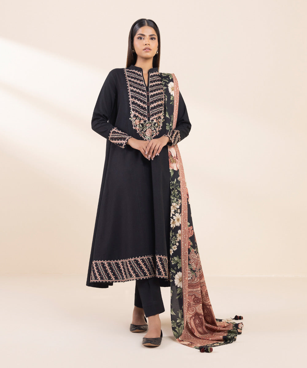 Women's Unstitched Khaddar Embroidered Black 3 Piece Suit