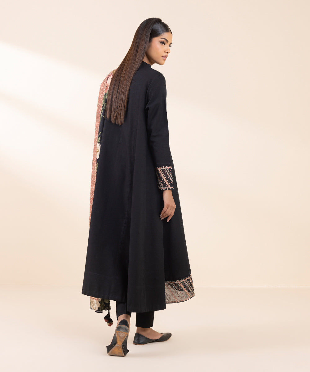 Women's Unstitched Khaddar Embroidered Black 3 Piece Suit