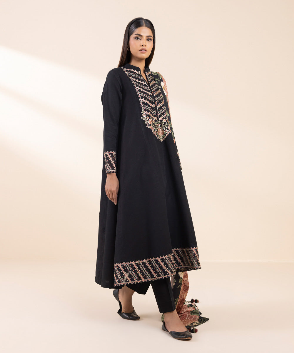 Women's Unstitched Khaddar Embroidered Black 3 Piece Suit