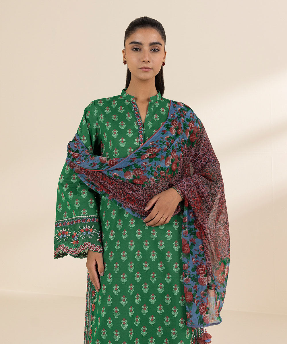 Women's Unstitched Lawn Embroidered Green 3 Piece Suit