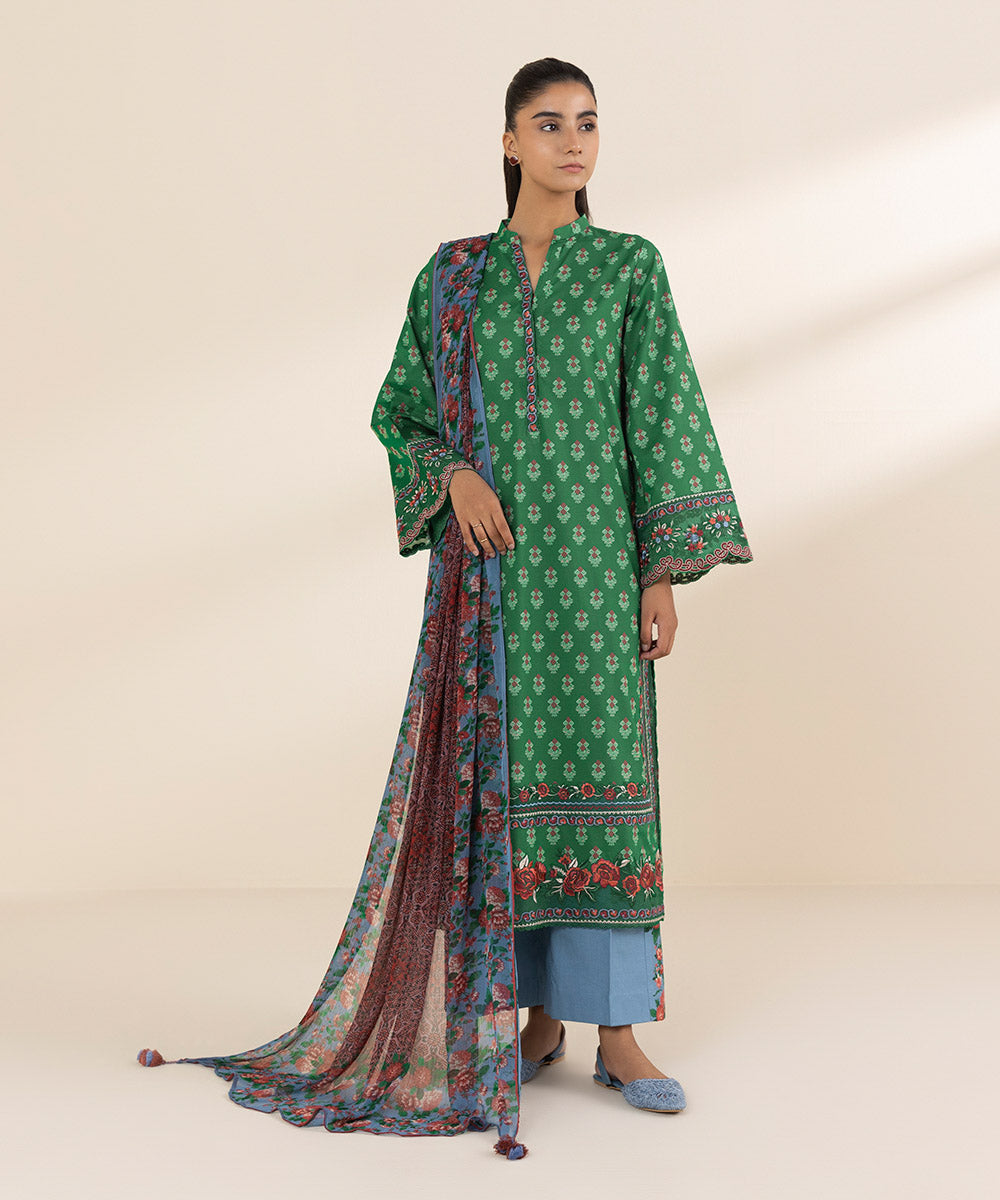 Women's Unstitched Lawn Embroidered Green 3 Piece Suit