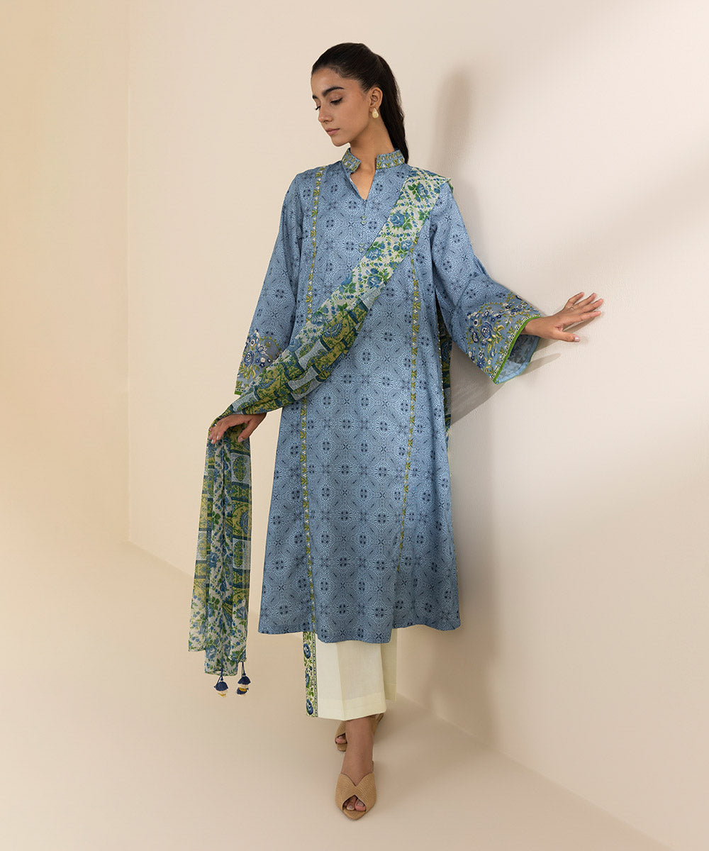 Women's Unstitched Lawn Embroidered Blue 3 Piece Suit