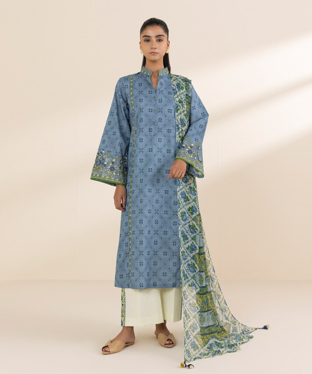 Women's Unstitched Lawn Embroidered Blue 3 Piece Suit