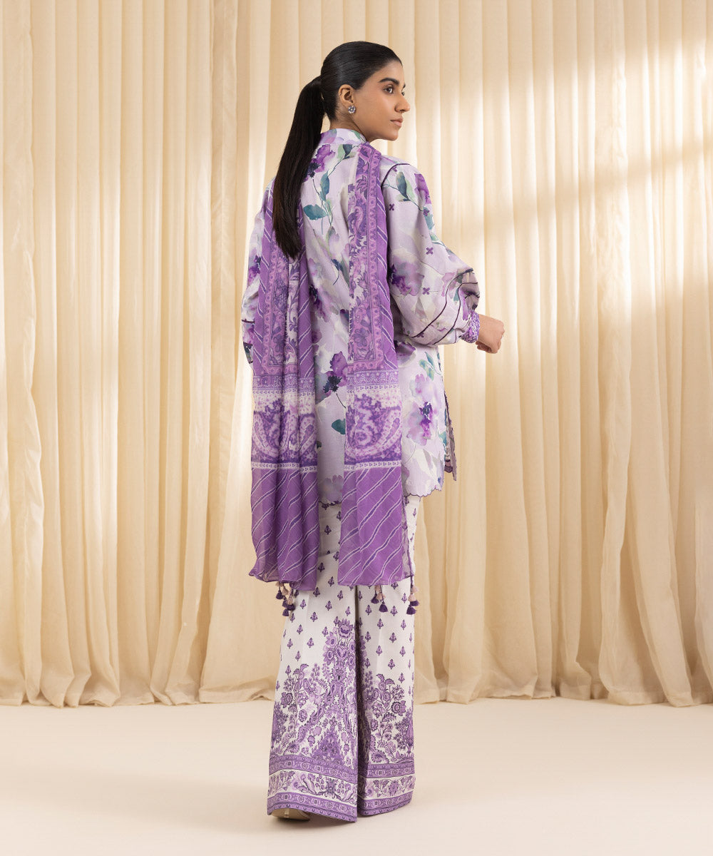 Unstitched Women's Embroidered Lawn Purple Three Piece Suit 