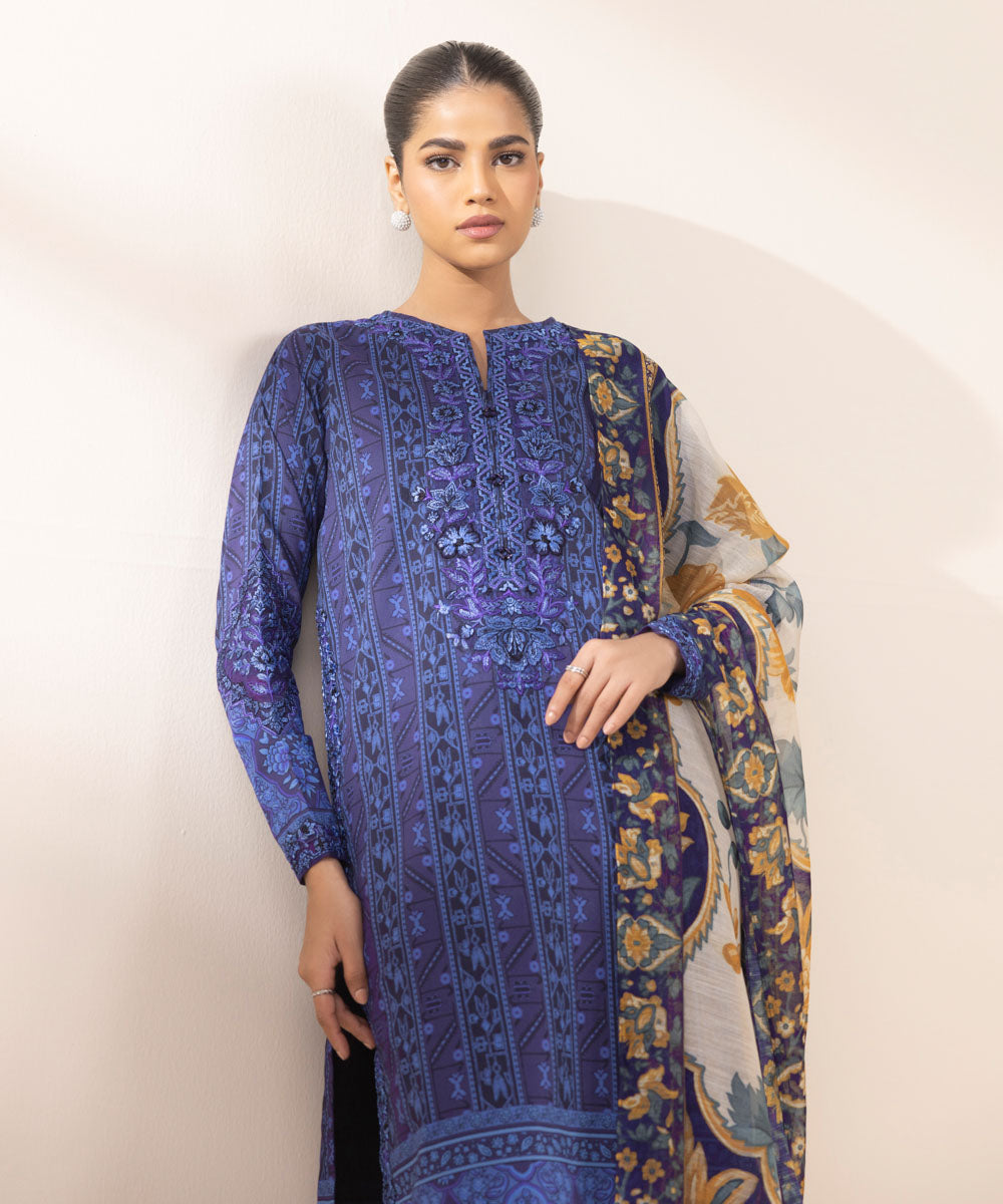 Women's Unstitched Lawn Embroidered Blue 3 Piece Suit