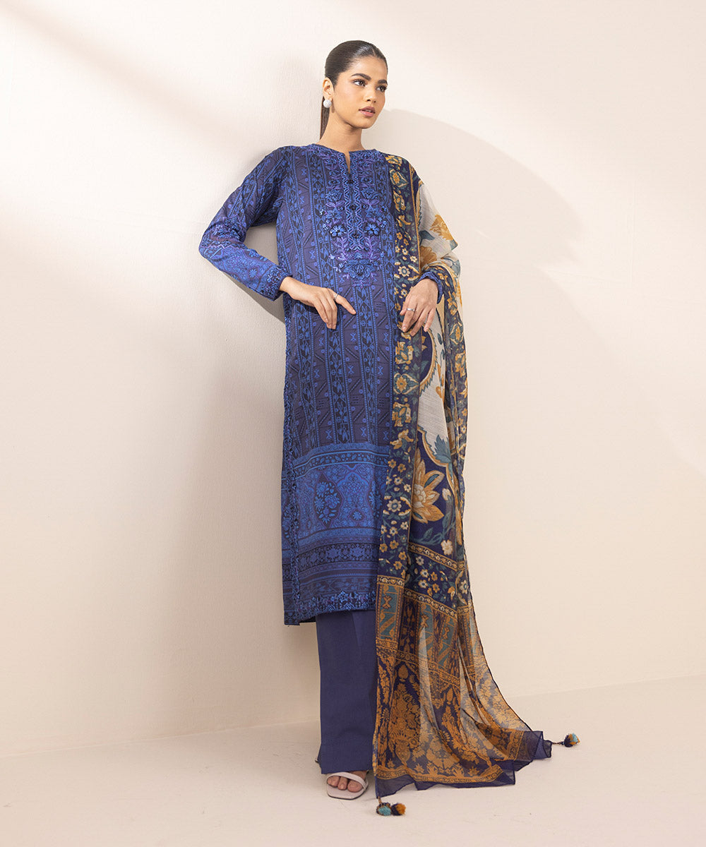 Women's Unstitched Lawn Embroidered Blue 3 Piece Suit