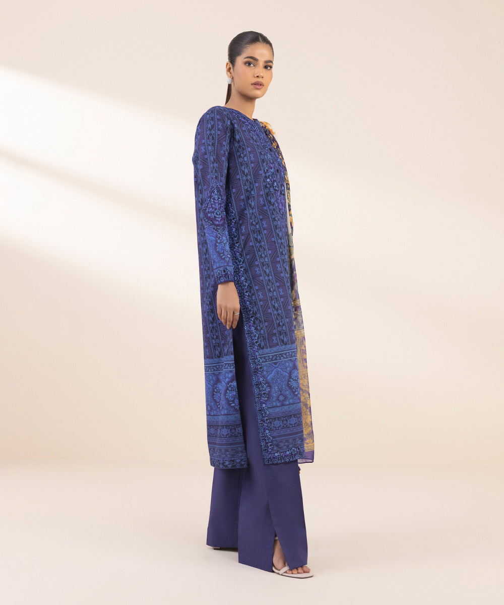 Women's Unstitched Lawn Embroidered Blue 3 Piece Suit