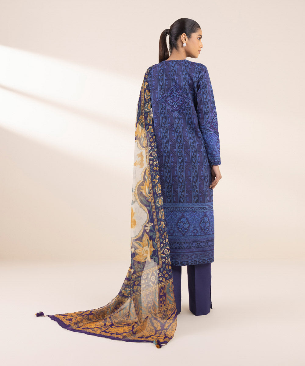 Women's Unstitched Lawn Embroidered Blue 3 Piece Suit