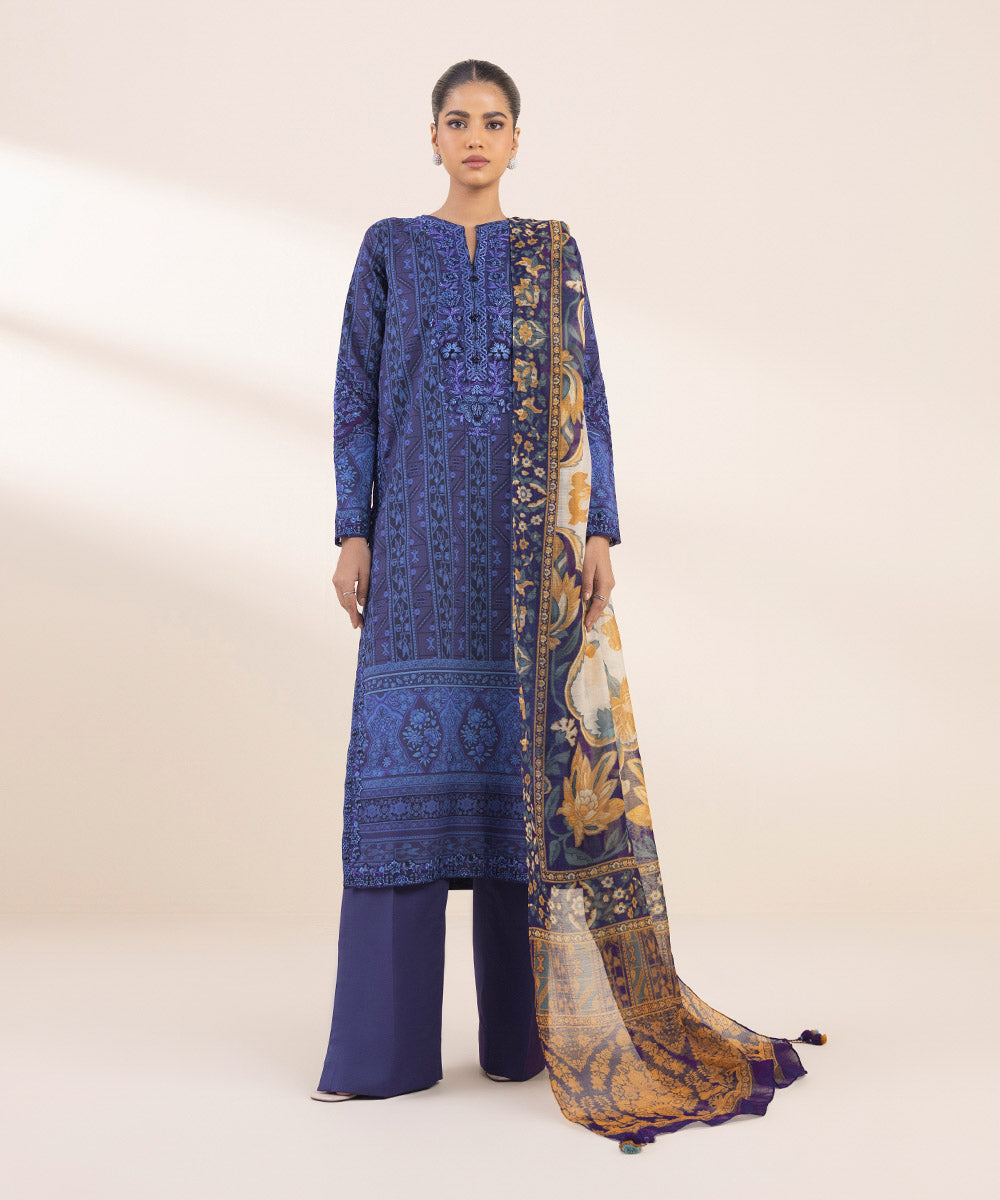 Women's Unstitched Lawn Embroidered Blue 3 Piece Suit