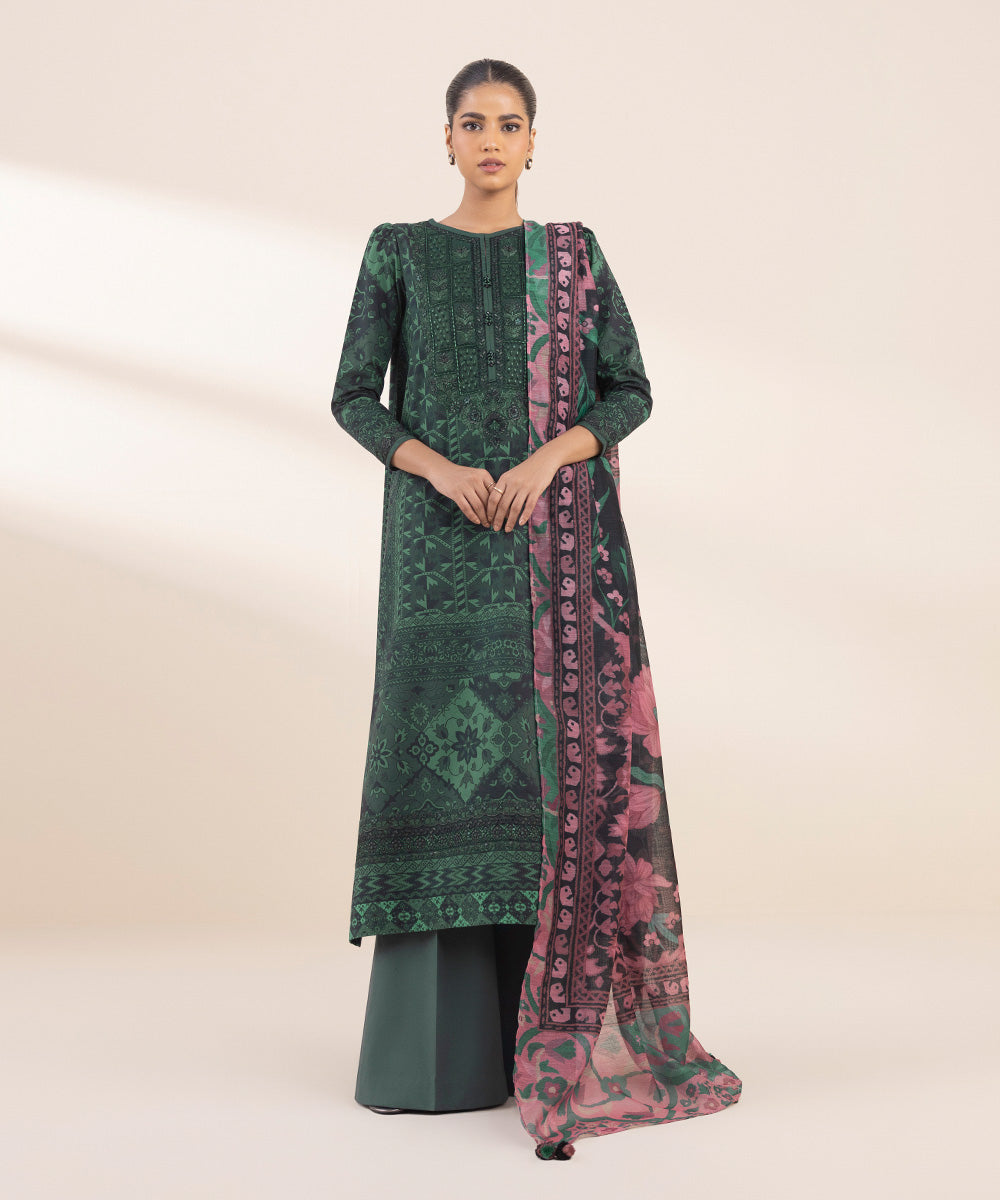 Women's Unstitched Lawn Embroidered Green 3 Piece Suit