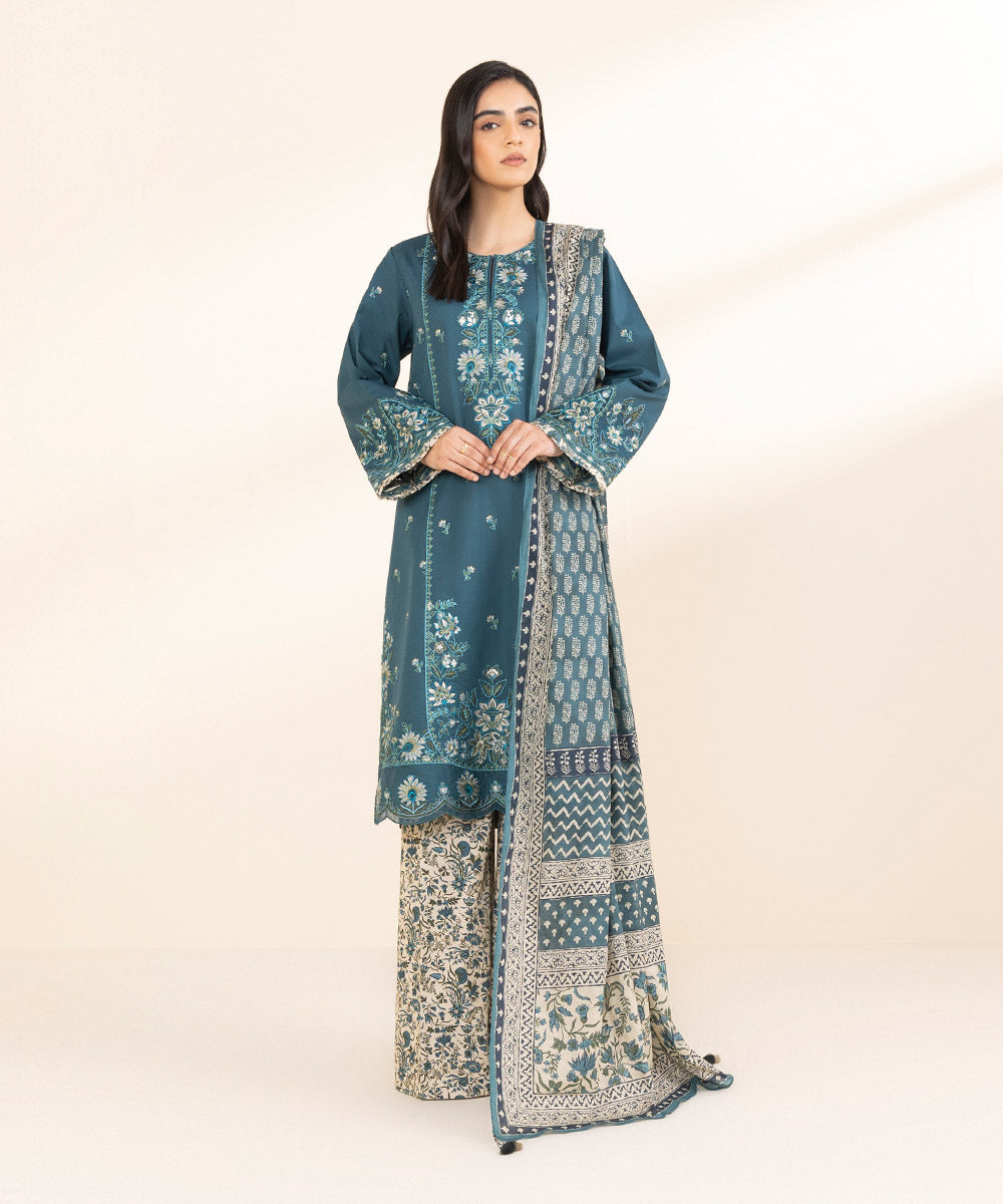 Women's Unstitched Lawn Embroidered Blue 3 Piece Suit