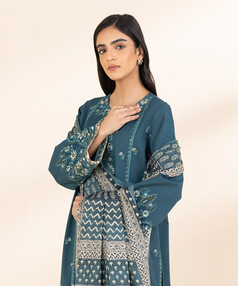 Women's Unstitched Lawn Embroidered Blue 3 Piece Suit