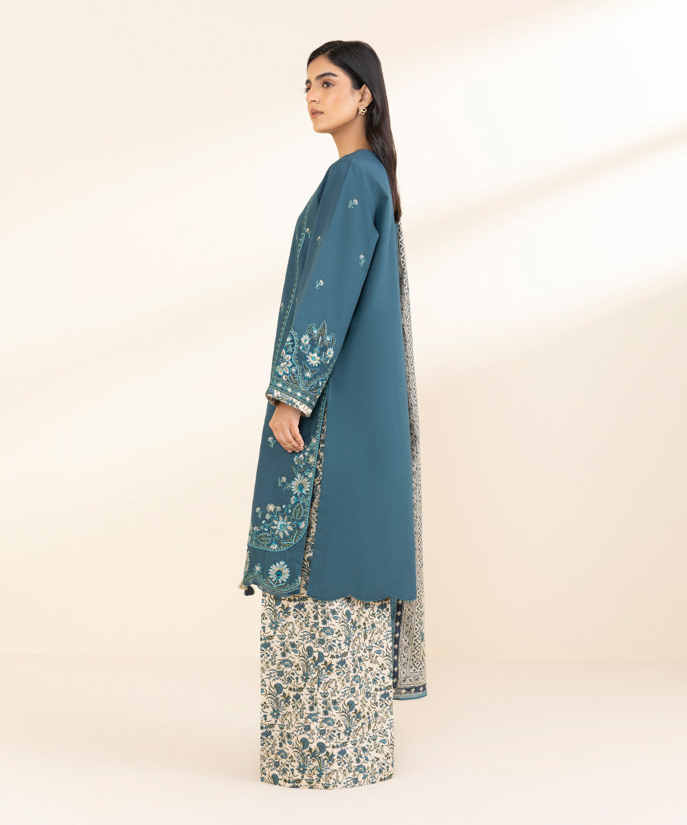 Women's Unstitched Lawn Embroidered Blue 3 Piece Suit