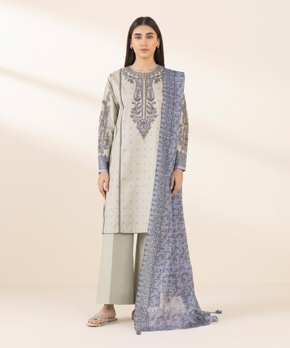 Women's Unstitched Zari Lawn Embroidered Beige 3 Piece Suit