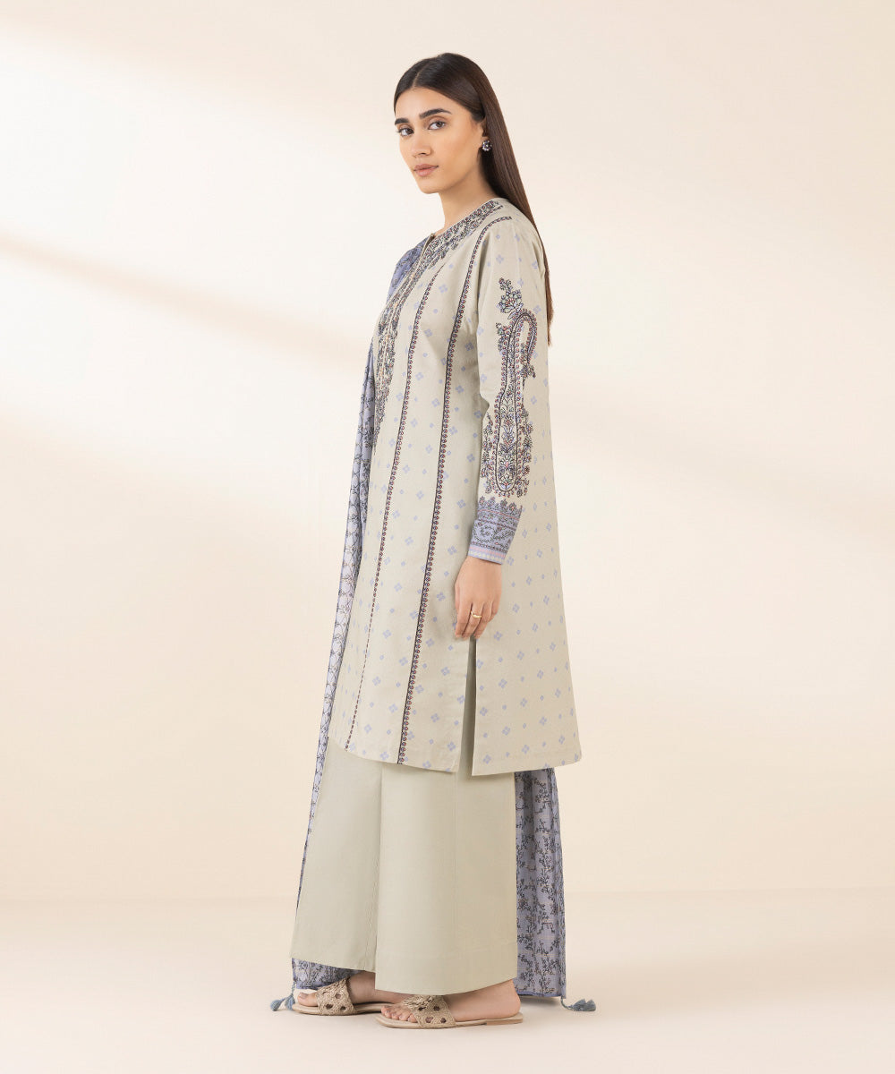 Women's Unstitched Zari Lawn Embroidered Beige 3 Piece Suit