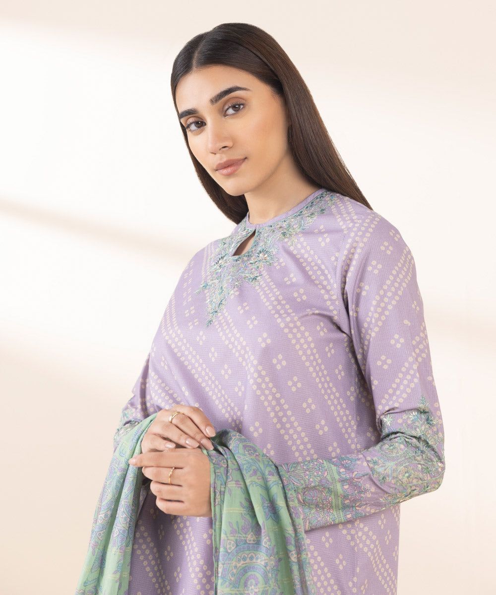 Women's Unstitched Zari Lawn Embroidered Purple 3 Piece Suit