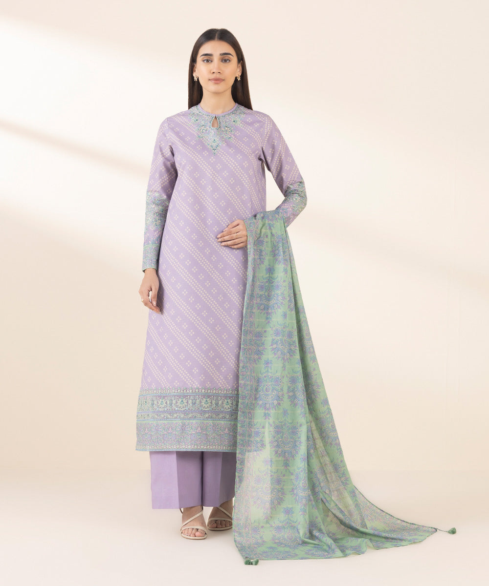 Women's Unstitched Zari Lawn Embroidered Purple 3 Piece Suit