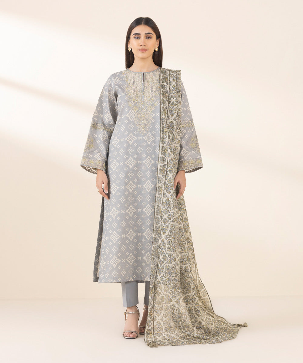 Women's Unstitched Zari Lawn Embroidered Grey 3 Piece Suit