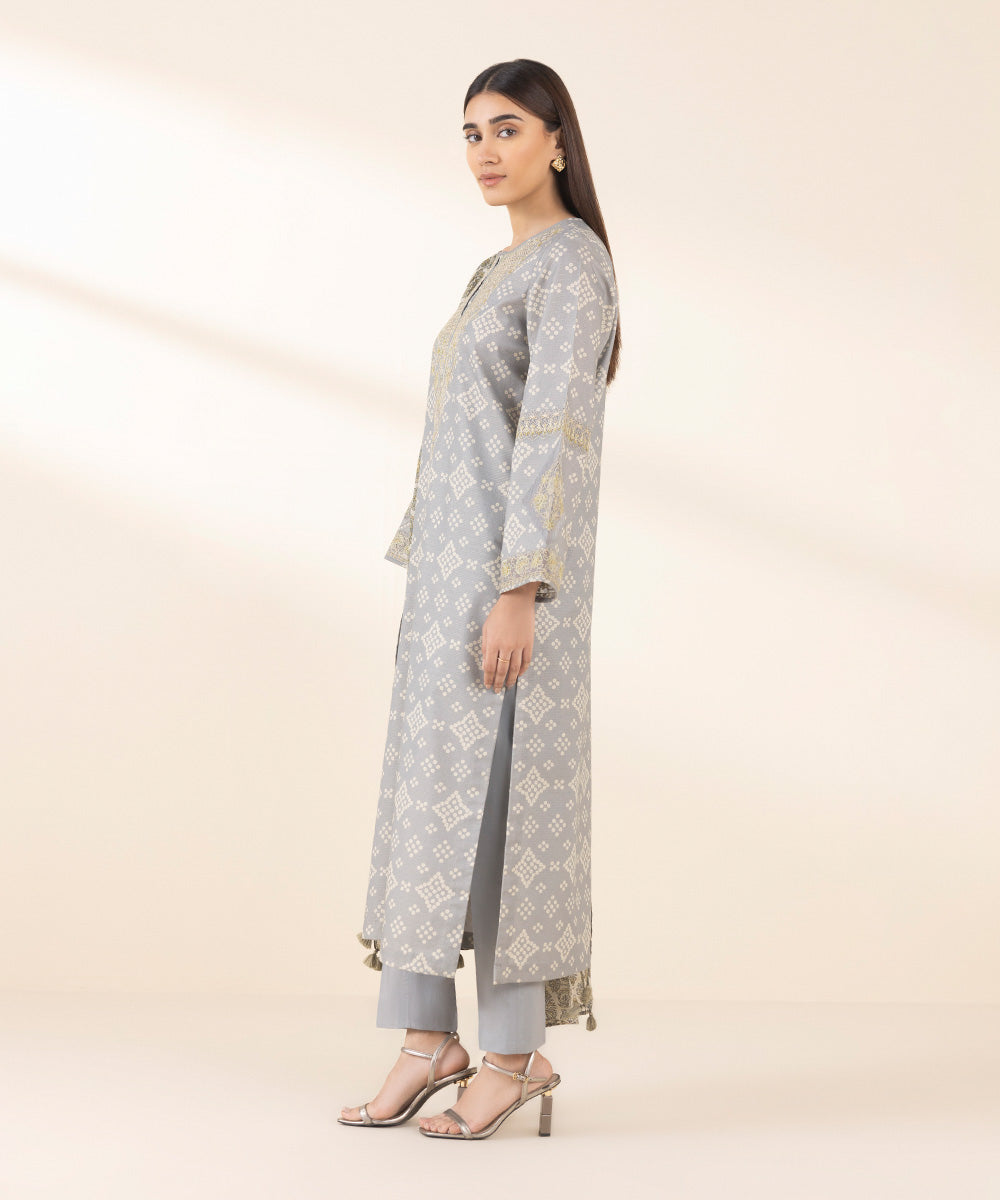 Women's Unstitched Zari Lawn Embroidered Grey 3 Piece Suit