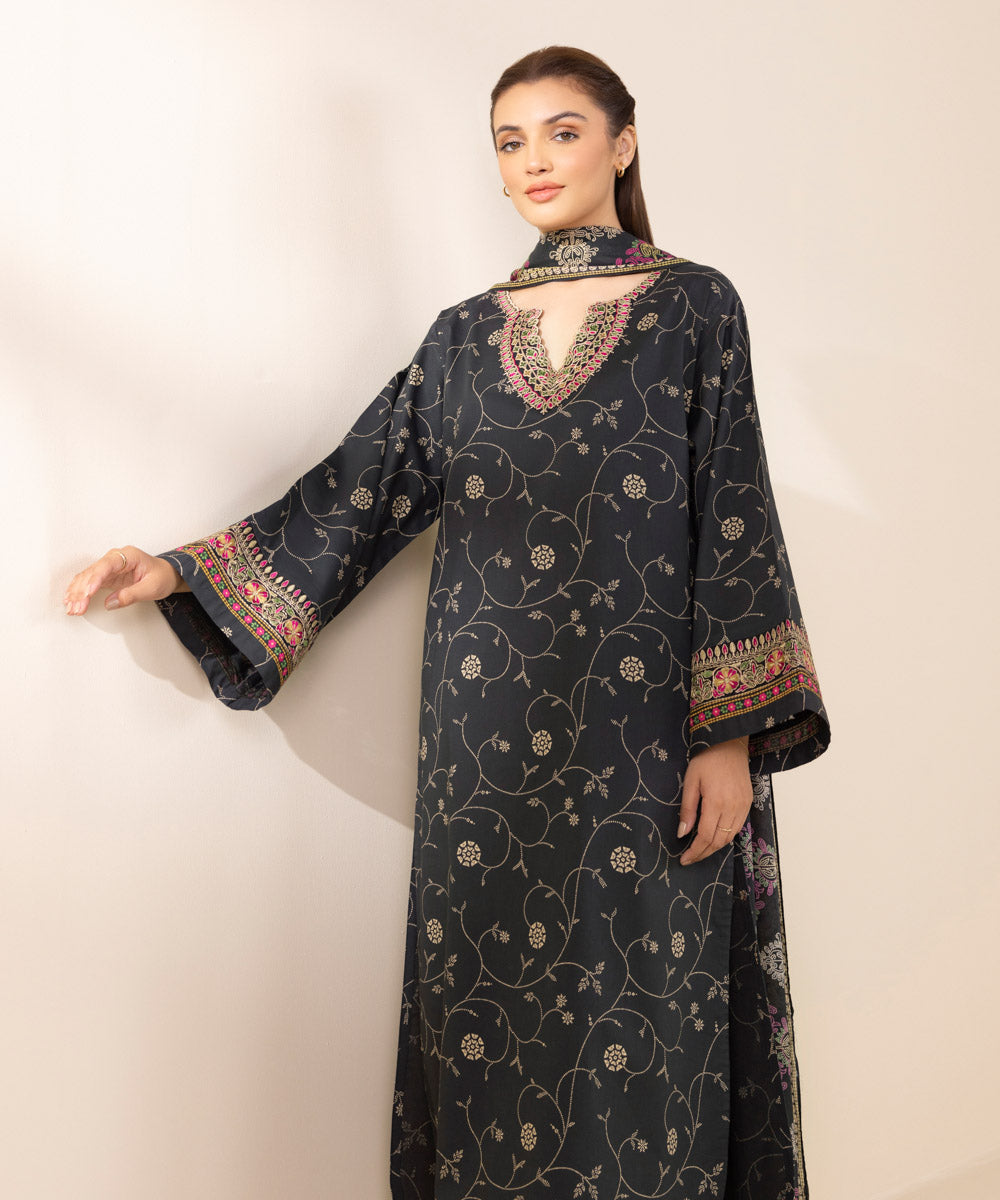 Women's Unstitched Lawn Embroidered Black 3 Piece Suit