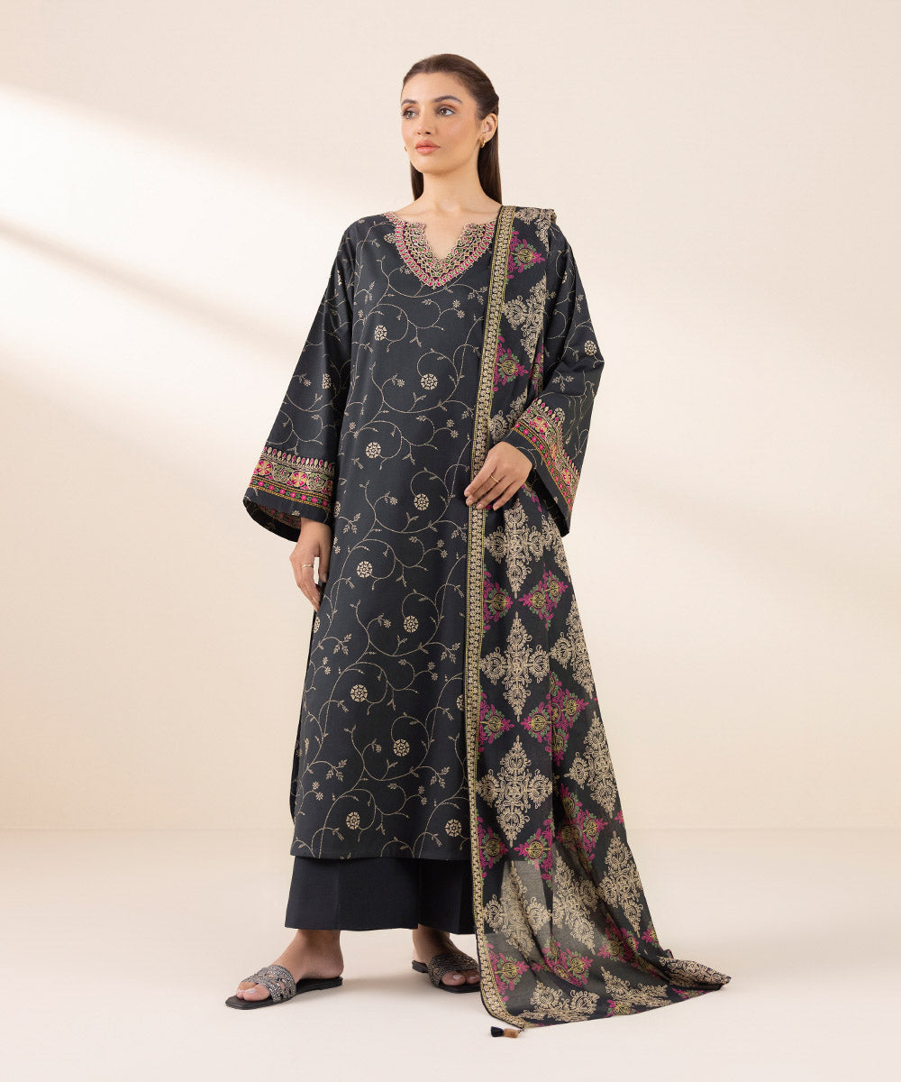 Women's Unstitched Lawn Embroidered Black 3 Piece Suit