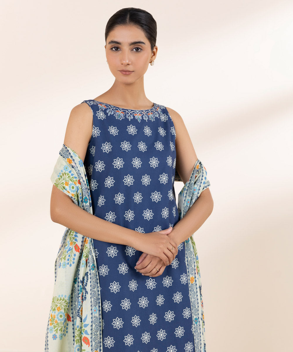 Women's Unstitched Lawn Embroidered Blue 3 Piece Suit