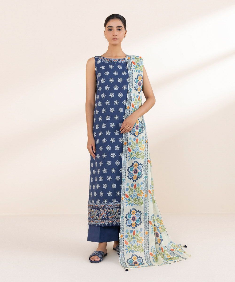 Women's Unstitched Lawn Embroidered Blue 3 Piece Suit