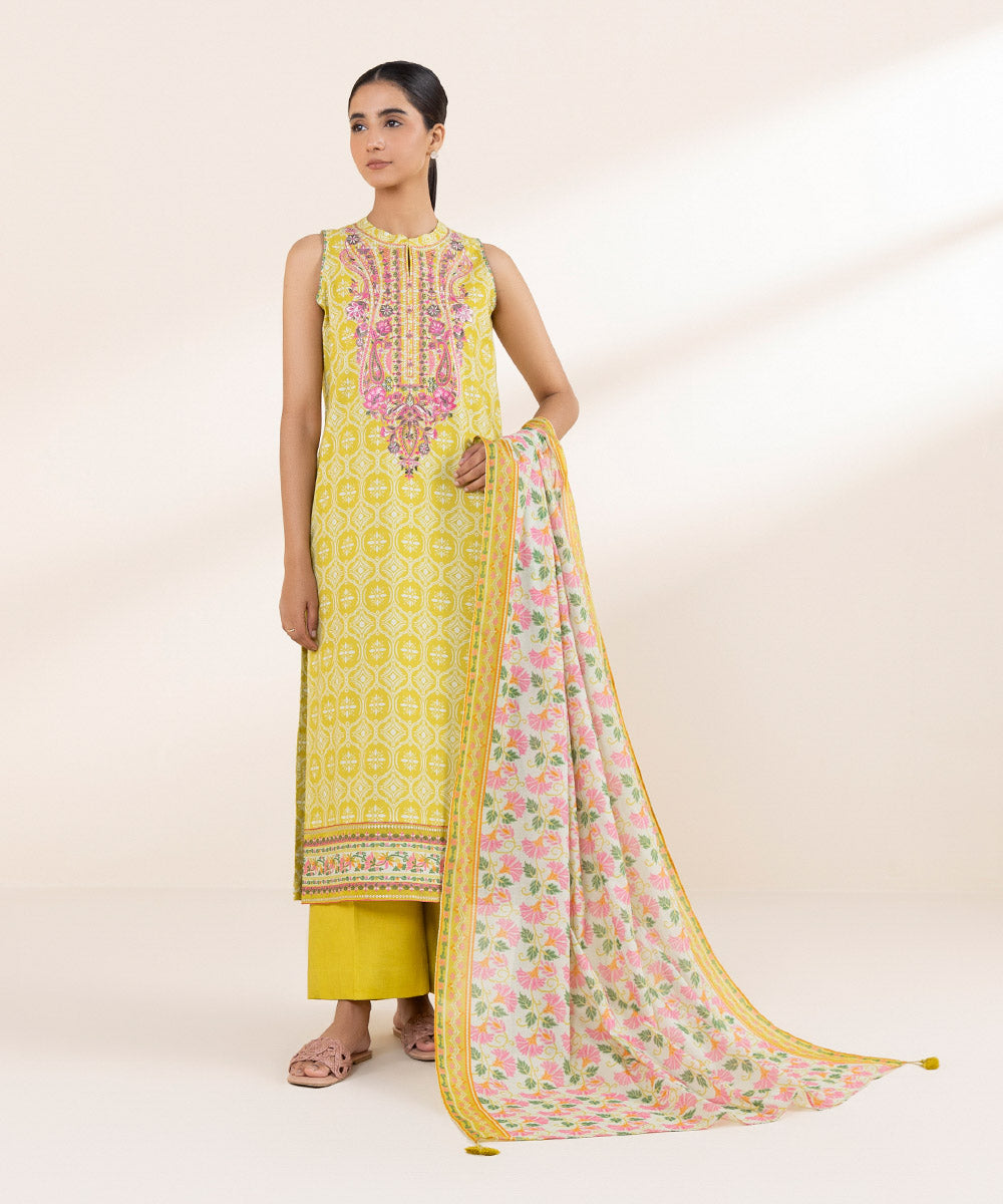 Women's Unstitched Lawn Embroidered Yellow 3 Piece Suit