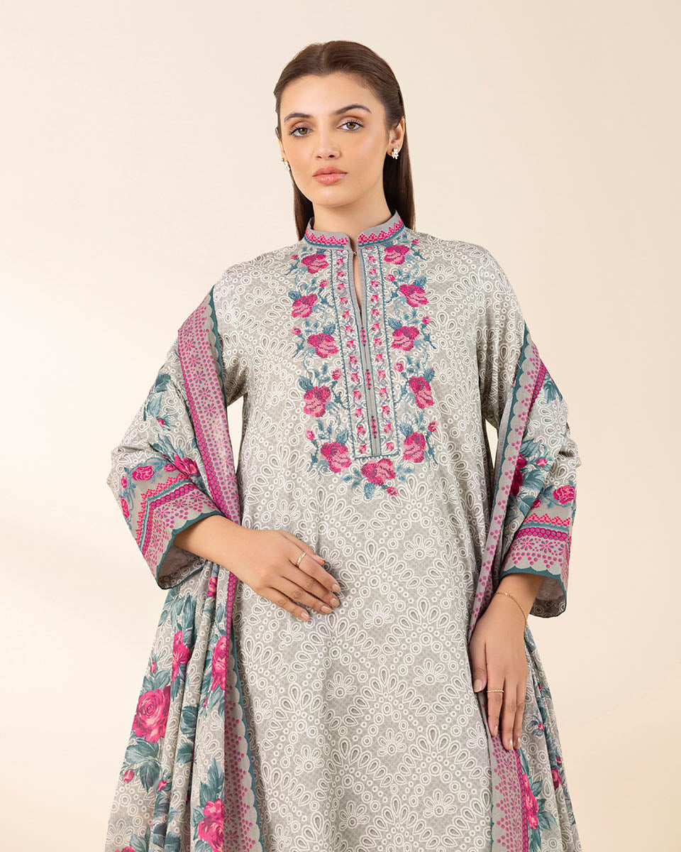 Women's Unstitched Lawn Embroidered Grey 3 Piece Suit