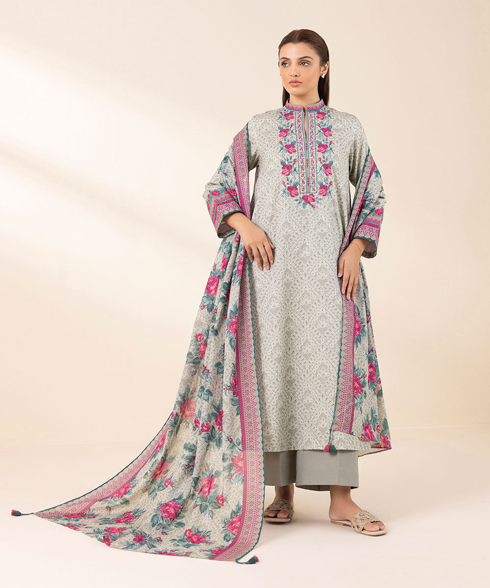 Women's Unstitched Lawn Embroidered Grey 3 Piece Suit