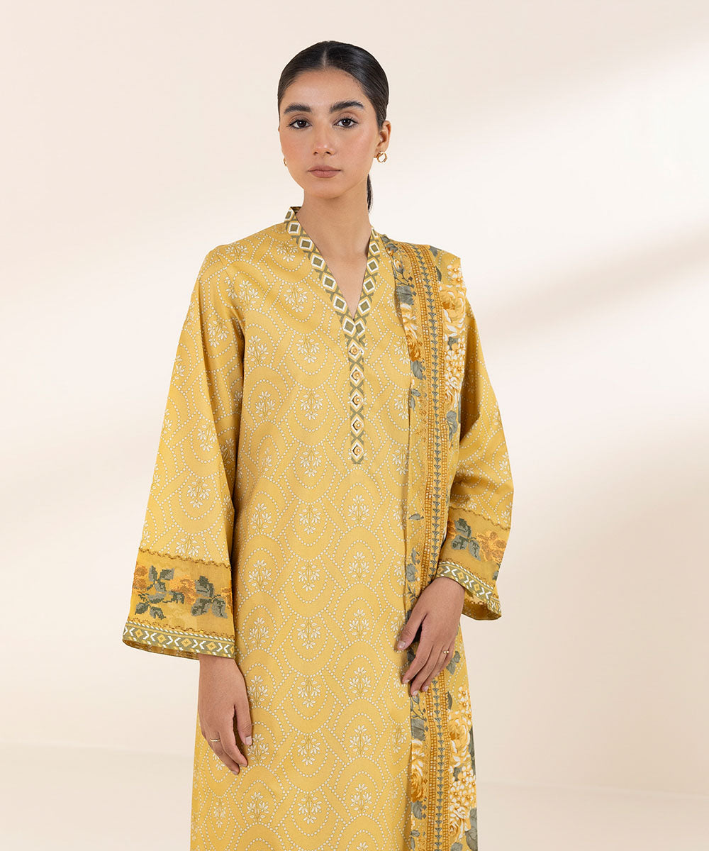 Women's Unstitched Lawn Embroidered Yellow 3 Piece Suit