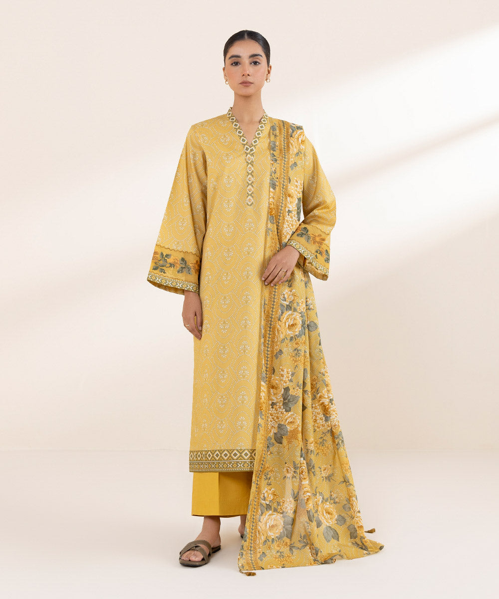 Women's Unstitched Lawn Embroidered Yellow 3 Piece Suit