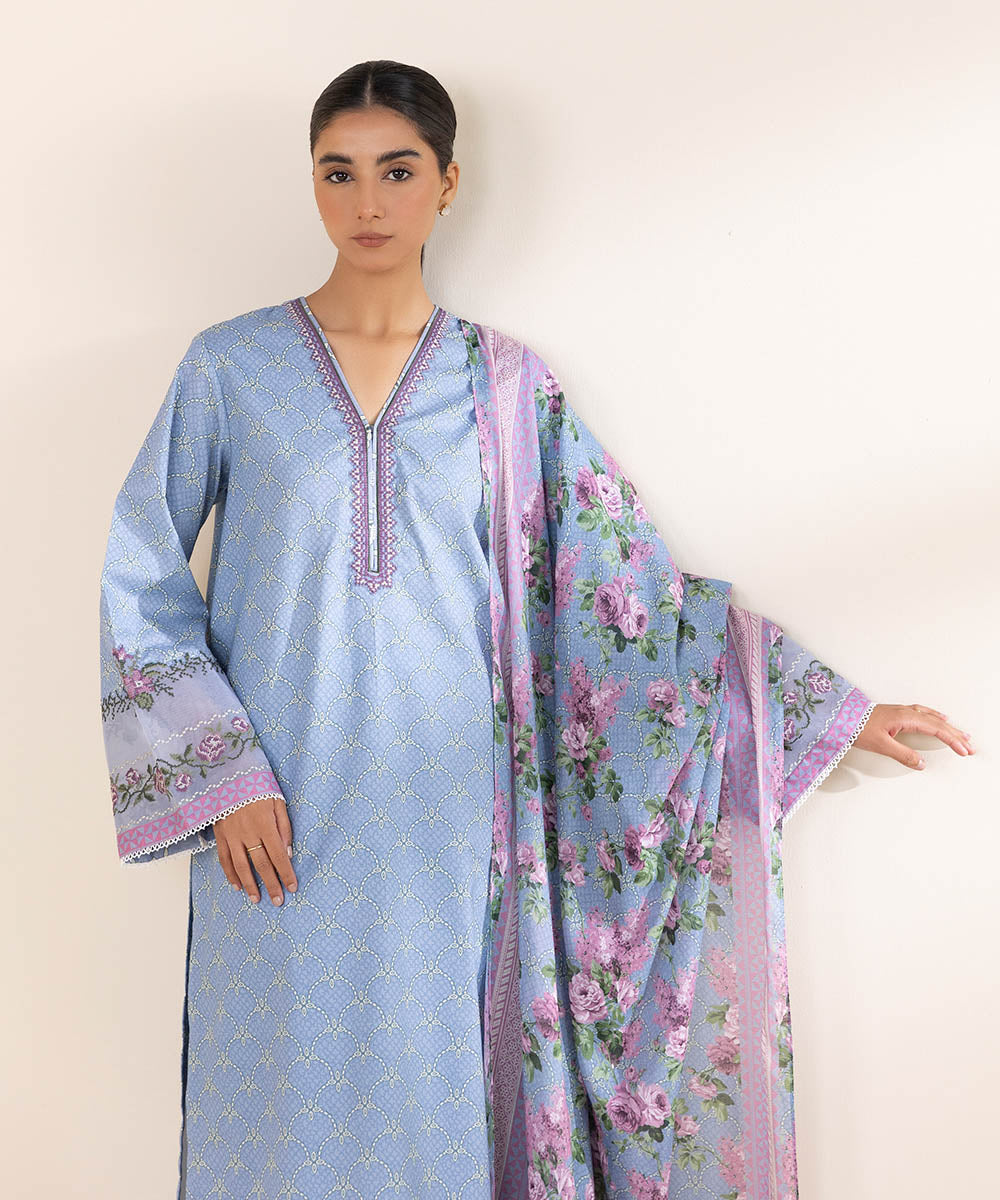 Women's Unstitched Lawn Embroidered Blue 3 Piece Suit