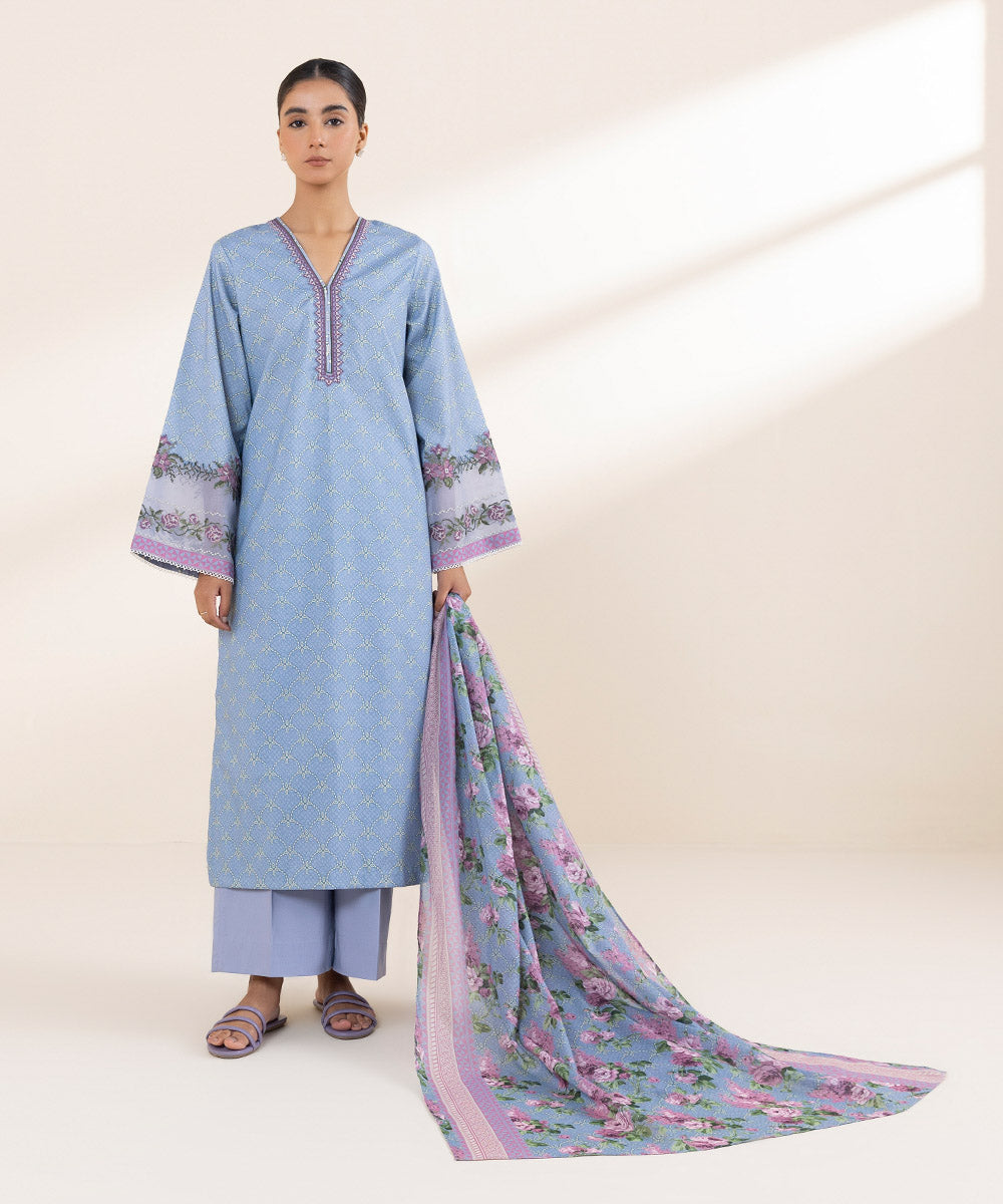 Women's Unstitched Lawn Embroidered Blue 3 Piece Suit