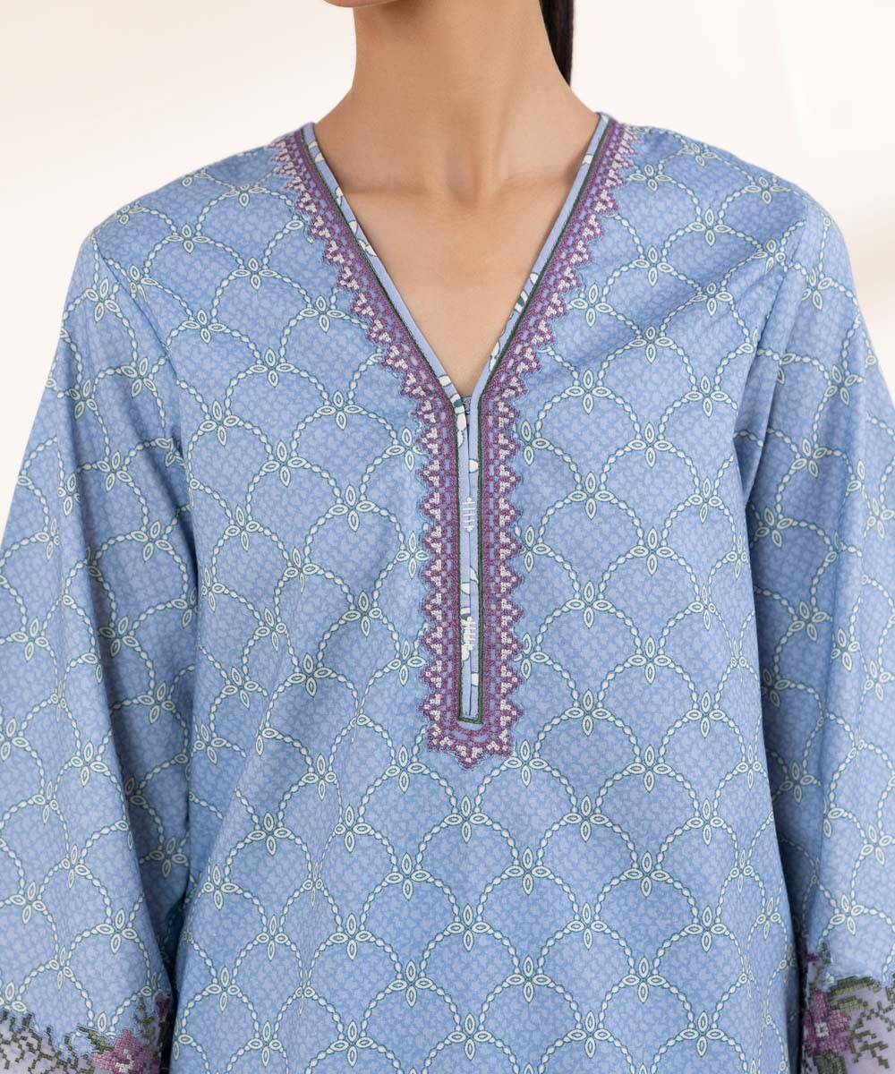 Women's Unstitched Lawn Embroidered Blue 3 Piece Suit