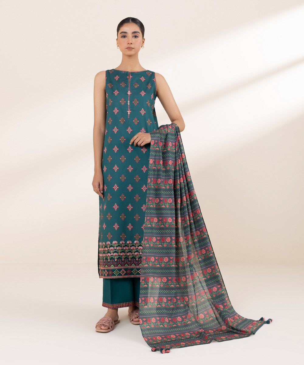 Women's Unstitched Lawn Embroidered Green 3 Piece Suit