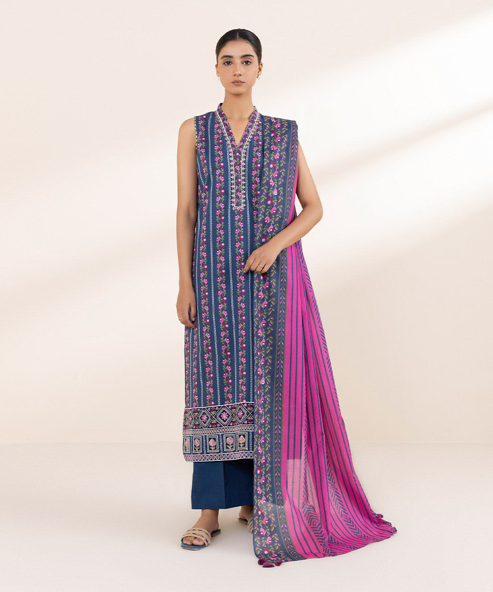 Women's Unstitched Lawn Embroidered Blue 3 Piece Suit