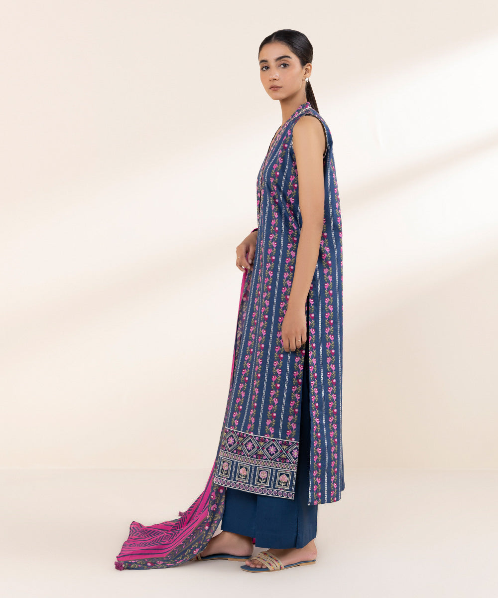 Women's Unstitched Lawn Embroidered Blue 3 Piece Suit